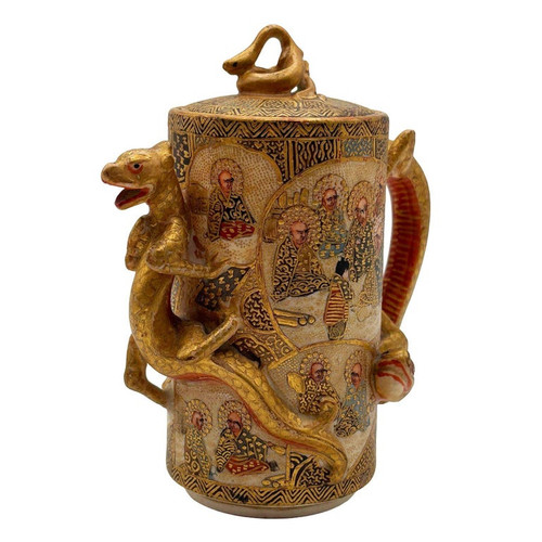 Gyokushu Satsuma Earthenware Saki Pitcher, C. Meiji Period