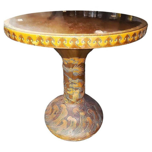 Post-war Chinese Dragon Glazed Art Pottery Pedestal Garden Patio Dining Table