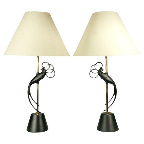 Mid-century Brass & Steel "Lovebird" Sculptral Table Lamp by Rembrandt , Pair