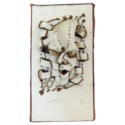 Post Modern "City Living ?" Art Pottery Figural Wall Sculpture