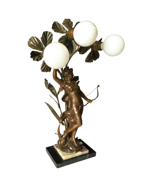 Early Three Bulb Art Nouveau Figural Bronze and Marble Table Lamp