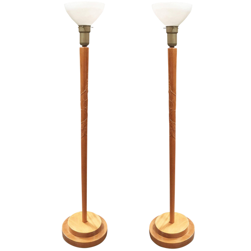 Russel Wright Style Hand-Carved Torchiere Floor Lamp, Pair Russel Wright Style Hand-Carved Torchiere Floor Lamp, Pair