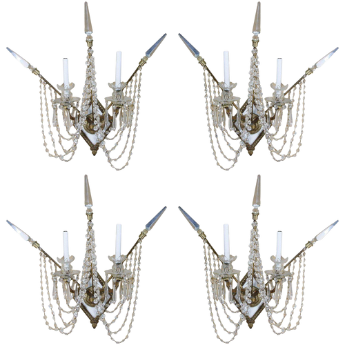 1930s Bronze and Bead Crystal Presidential Wall Sconce - Set of 4 1930s Bronze and Bead Crystal Presidential Wall Sconce - Set of 4