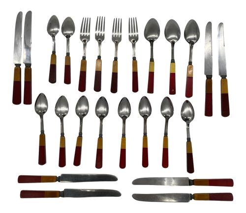 1930s Dual-Toned Mismatched Butterscotch, Cherry Red & Green Bakelite, Lucite & Stainless Steel Flatware Set- 34 Pieces 1930s Dual-Toned Mismatched Butterscotch, Cherry Red & Green Bakelite, Lucite & Stainless Steel Flatware Set- 34 Pieces