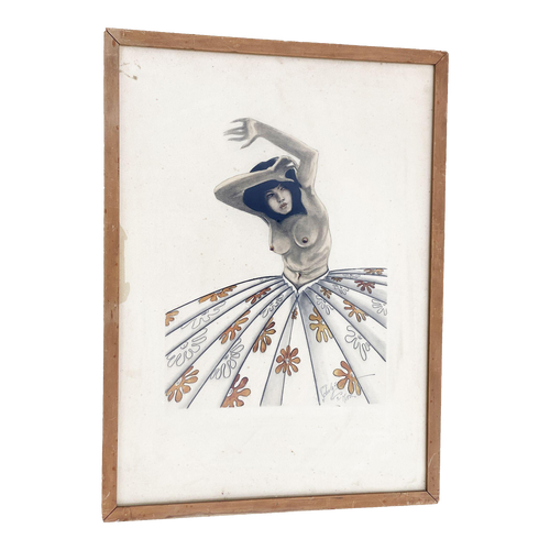 1940s Post-War Tropical Nude Color Pencil Drawling Signed Schultz