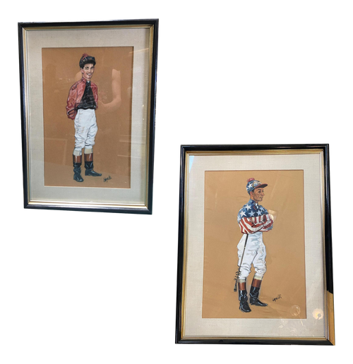 1950s Pastel on Paper Horse Racing Jockey by Hagulaton - a Pair