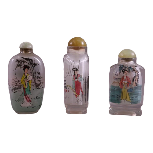 1990s Eglomise Reverse Painted Snuff Bottles With Female Portraits- Set of 3