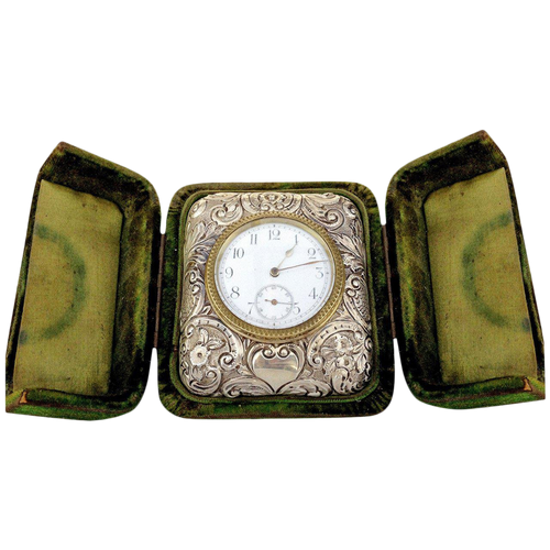 Antique Victorian Silver Embossed Bed Side Clock by Douglas Clock Company