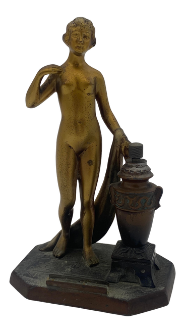 Art Deco Spelter Metal Nude Greek Goddess Torch Tip Table Lighter