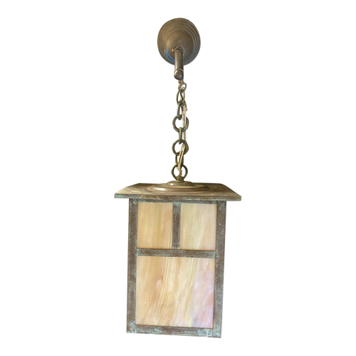 Arts and Crafts Bronze Sconce on Chain With Iridescent Art Glass Shade Arts and Crafts Bronze Sconce on Chain With Iridescent Art Glass Shade