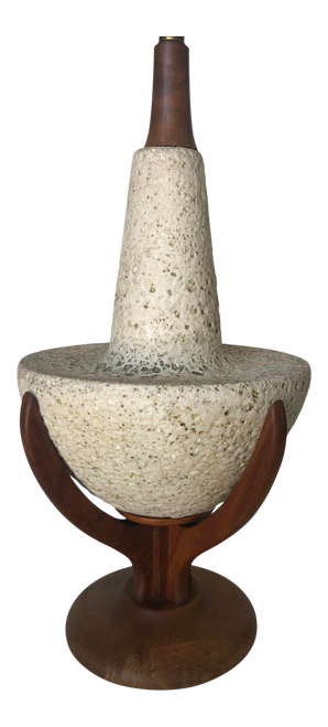 Atomic Age Pebble Stone and Teak Table Lamp