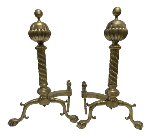Brass Belted Ball-Top and Spiral Turned Clawfoot Andirons - a Pair