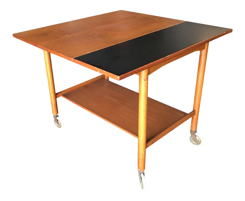 Danish Modern Teak Bar Cart with Convertible Folding Table Top