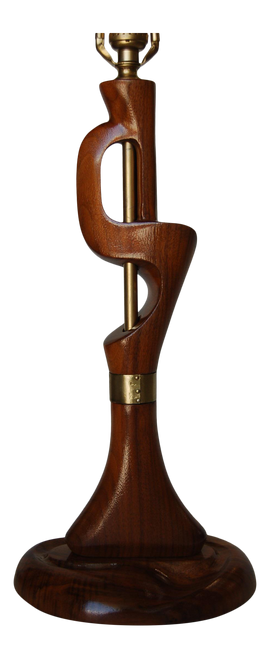 Free-Form Abstract Carved Mahogany Table Lamp W/ Brass Accents by Jascha Heifetz