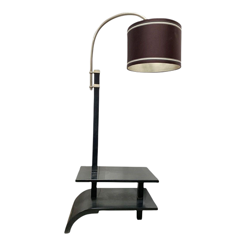 French Art Deco Arched Floor Lamp With Side Table Shelf Base in Black