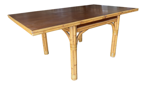 Mid Century Rattan and Mahogany Expandable Dining Table Mid Century Rattan and Mahogany Expandable Dining Table