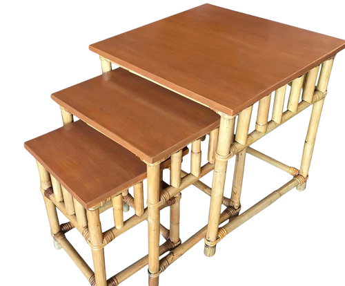 Restored Vintage Set of 3 Rattan Nesting Side Tables W/ Mahogany Top