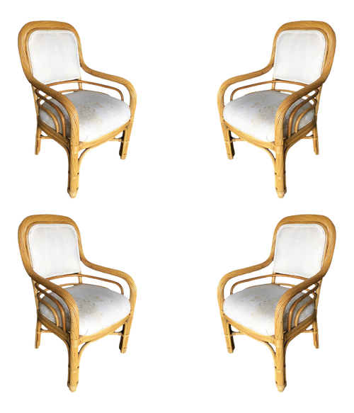 Restored Vintage Rattan Dining Side Armchair With Twisted Stick Reed Rattan Arms - Set of 4 Restored Vintage Rattan Dining Side Armchair With Twisted Stick Reed Rattan Arms - Set of 4