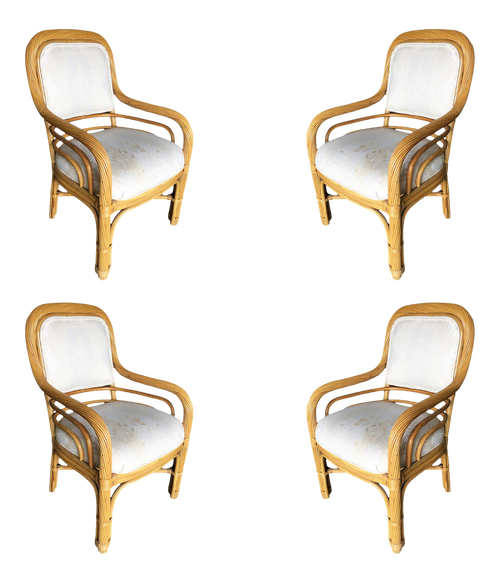 Restored Vintage Rattan Dining Side Armchair With Twisted Stick Reed Rattan Arms - Set of 4 Restored Vintage Rattan Dining Side Armchair With Twisted Stick Reed Rattan Arms - Set of 4