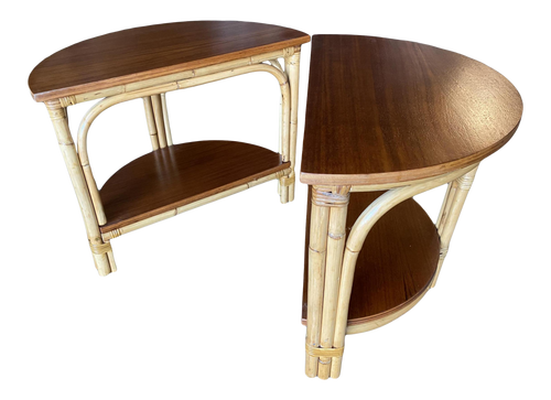 Restored Vintage 1950s "Half-Round" Rattan Side Tables - a Pair Restored Vintage 1950s "Half-Round" Rattan Side Tables - a Pair