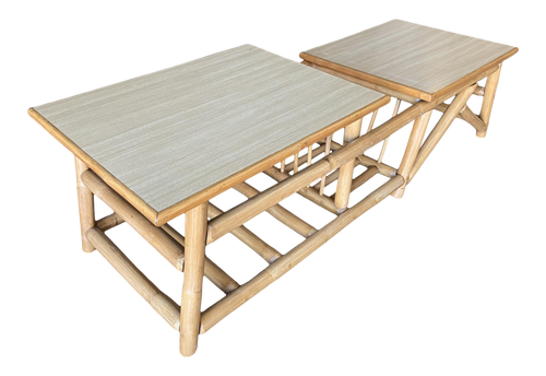 Restored Vintage Asymmetric Two-Tier Rattan Coffee Table W/ Architectural Base