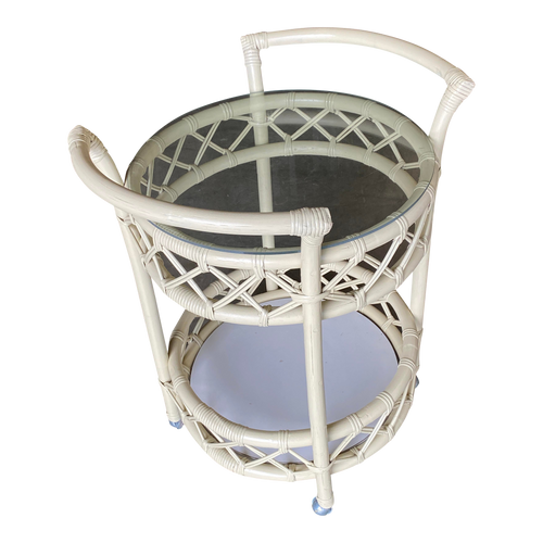 Restored Modern White Round Rattan and Mahogany Bar Cart