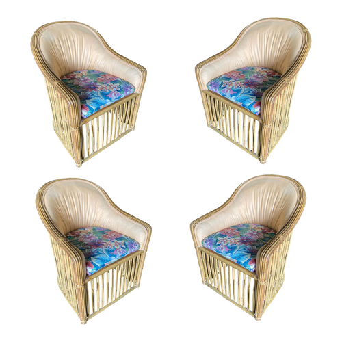 1950s Restored Stick Reed Rattan Spindle Barrel Dining Arm Chair- Set of 4 1950s Restored Stick Reed Rattan Spindle Barrel Dining Arm Chair- Set of 4