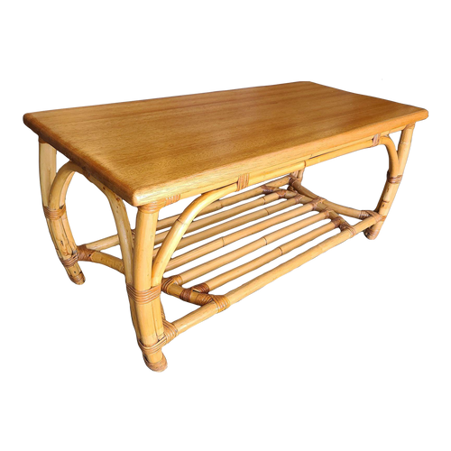 Restored Two-Tier Rattan Coffee Table With Mahogany Top & Pole Bottom Restored Two-Tier Rattan Coffee Table With Mahogany Top & Pole Bottom
