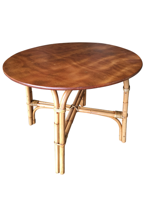 Restored Vintage Large 31" Round "X" Base Rattan Coffee Table With Oak Top