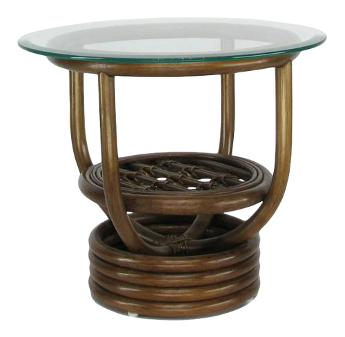 Restored Glass Top Rattan "Kauai" Side Table With Stacked Base Restored Glass Top Rattan "Kauai" Side Table With Stacked Base