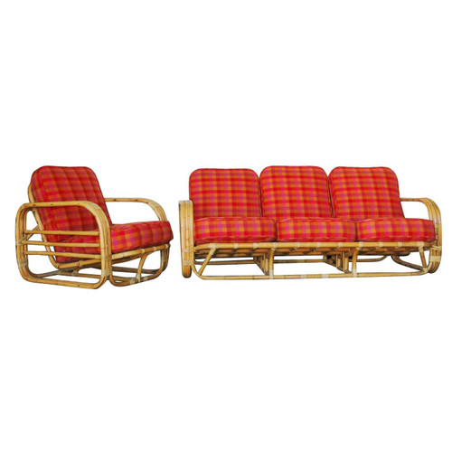 Restored Vintage Streamline Art Deco Rattan Living Room Set Restored Vintage Streamline Art Deco Rattan Living Room Set
