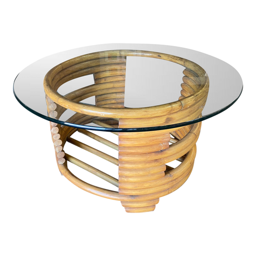 1950s Restored Stacked Rattan Round Coffee Table with Glass Top