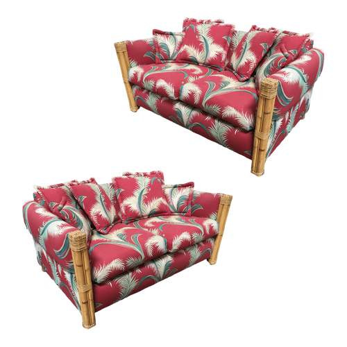 Restored "Big Kings" Plush Rattan Loveseat Sofa With 4 Strand Arms, Pair