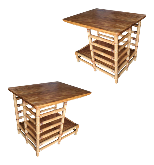 Restored Vintage Midcentury Rattan Floating "Jacob's Ladder" Side Table, Pair Restored Vintage Midcentury Rattan Floating "Jacob's Ladder" Side Table, Pair