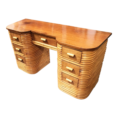 Restored Art Deco Stacked Rattan Secretary Desk w/ Mahogany Top Restored Art Deco Stacked Rattan Secretary Desk w/ Mahogany Top