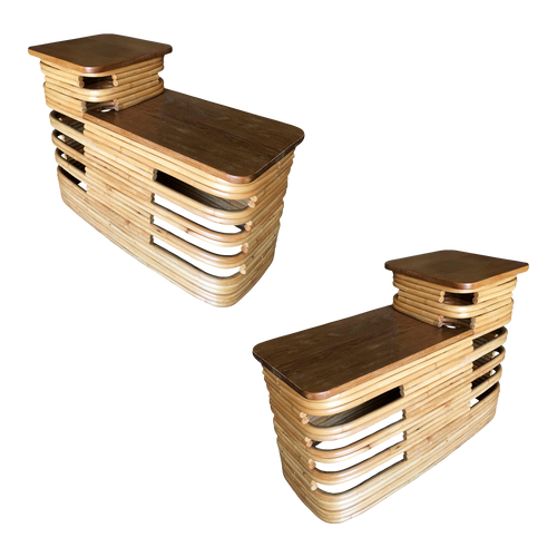 Restored Paul Frankl-Style Stacked Rattan Side Tables with Mahogany Top - A Pair Restored Paul Frankl-Style Stacked Rattan Side Tables with Mahogany Top - A Pair