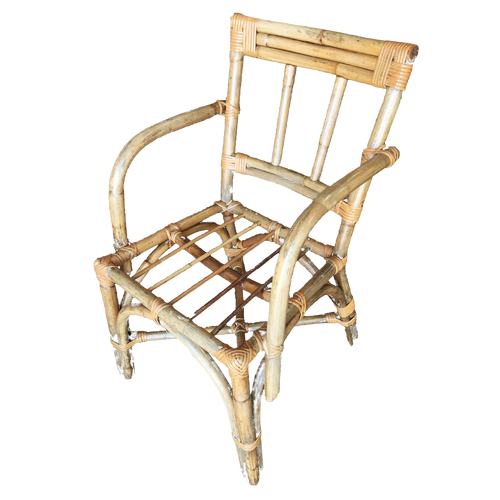 Restored Vintage Mid-Century Swoop Arm Rattan Armchair With Triple-Pole Back