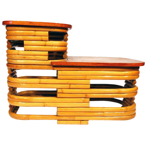 Restored Vintage Table Side, Stacked Rattan Two-Tier With Mahogany Top Restored Vintage Table Side, Stacked Rattan Two-Tier With Mahogany Top