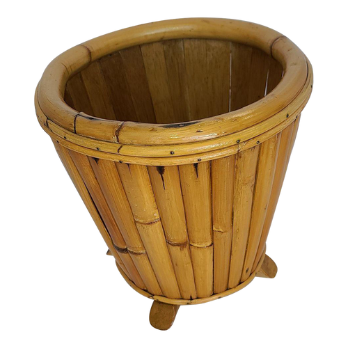 Restored Paul Frankl Vertically Stacked Split Rattan Planter Restored Paul Frankl Vertically Stacked Split Rattan Planter