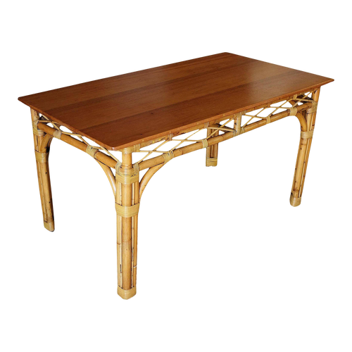 1950s Restored 6 Person Rattan & Mahogany Dining Table 1950s Restored 6 Person Rattan & Mahogany Dining Table