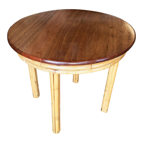 1950s Restored Childs Size Round Rattan Dining Table with Mahogany Top 1950s Restored Childs Size Round Rattan Dining Table with Mahogany Top
