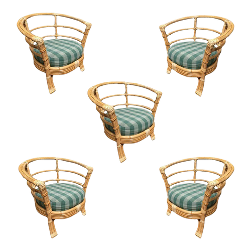 1950s Restored Rattan Barrel Armchair With Skeleton Arms, Set of 5 1950s Restored Rattan Barrel Armchair With Skeleton Arms, Set of 5