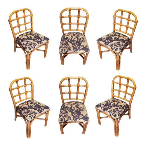 1950s Restored Rattan Dining Chairs Set With Tic-Tac-Toe Back-Set of 6 1950s Restored Rattan Dining Chairs Set With Tic-Tac-Toe Back-Set of 6