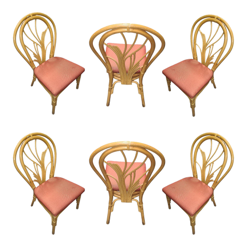 1960s Restored Bent "Palm" Rattan Dining Side Chair, Set of 6