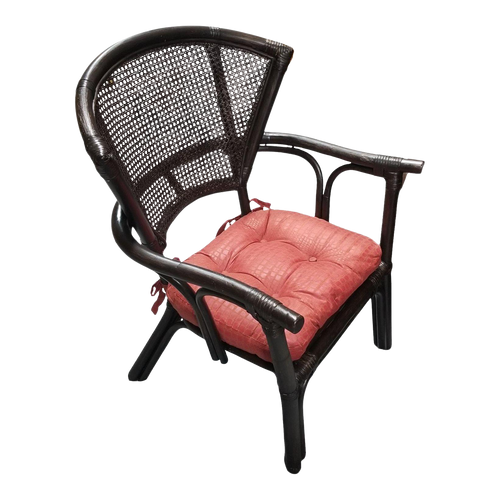 1950s Restored Dark Wood Rattan Cane Fan Back Armchair