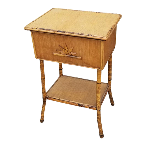 1900s Restored Tiger Tortoise Bamboo Pedestal Side Table with Storage Box