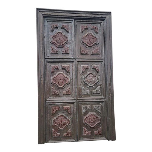Large 8' Mediterranean Multipaneled Molding Bronze Covered Walnut Double Doors