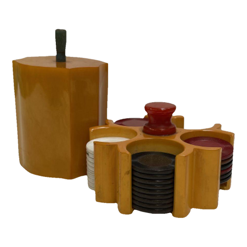 1930s 54 Bakelite Poker Chips with Butterscotch Caddy & Striker Lighter 1930s 54 Bakelite Poker Chips with Butterscotch Caddy & Striker Lighter