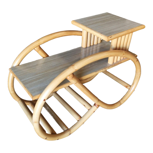 1930s Restored 3/4 Round Pretzel Rattan Side Table With Two-Tier Formica Tops