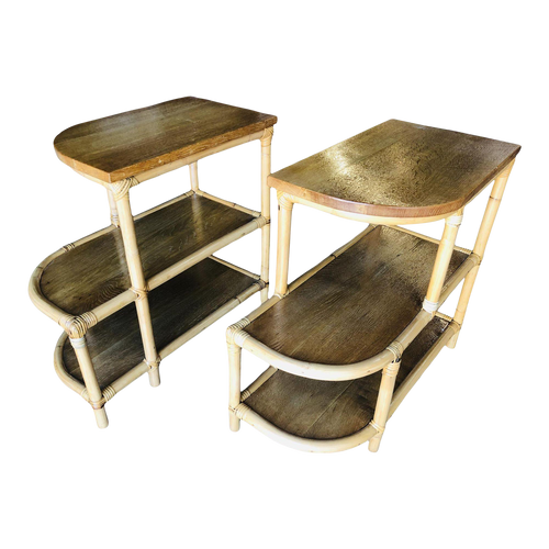 1930s Restored Single Strand Three-Tier "Trio" Rattan Side Table, Pair 1930s Restored Single Strand Three-Tier "Trio" Rattan Side Table, Pair